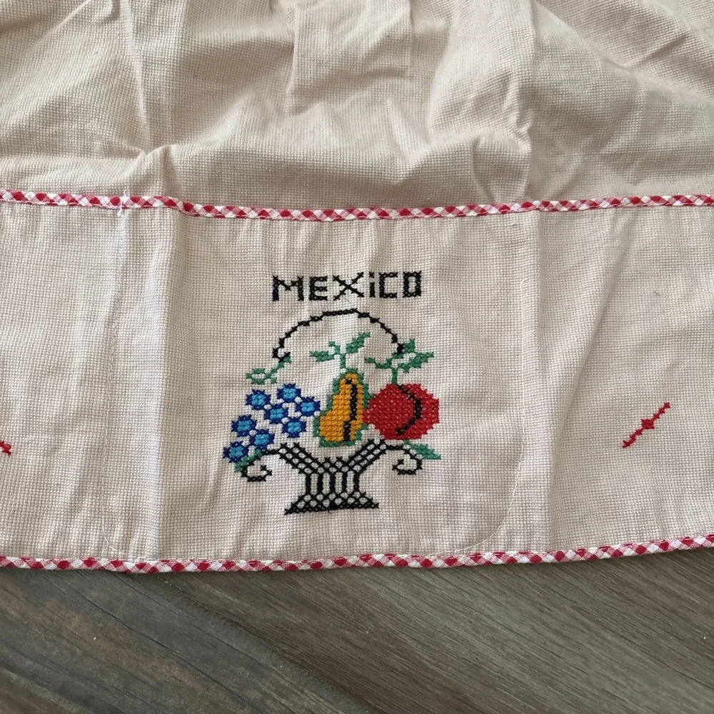 Vintage Half Apron Handmade Embroidered Waist Tie Beige Flowers Blue Piping